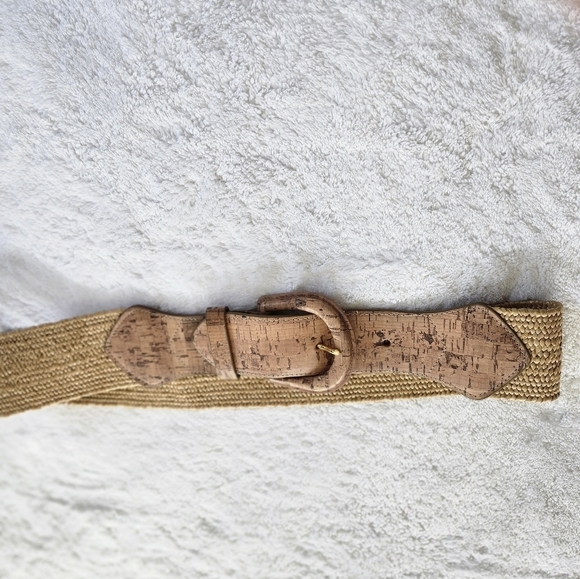 Lauren Gold and Brown Woven stretch Belt with Cork Buckle - Picture 1 of 5